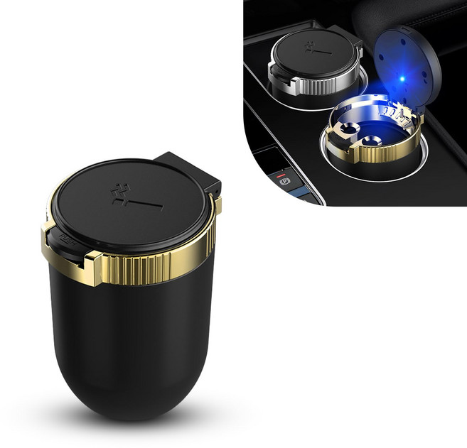 원터치 오픈 LED 냄새 차단 차량용 재떨이, 1개, 골드