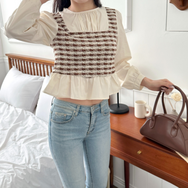 뷔스티에블라우스 트위드 셔츠 프릴블라우스