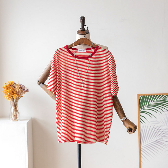 코코세븐 여성 빅사이즈 썸머 단가라 라운드 반팔 티셔츠