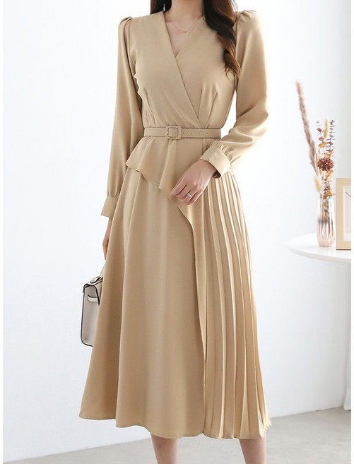 모리스커밍홈 드레이프 벨티드 브이넥 긴팔 원피스 M2602OP612A