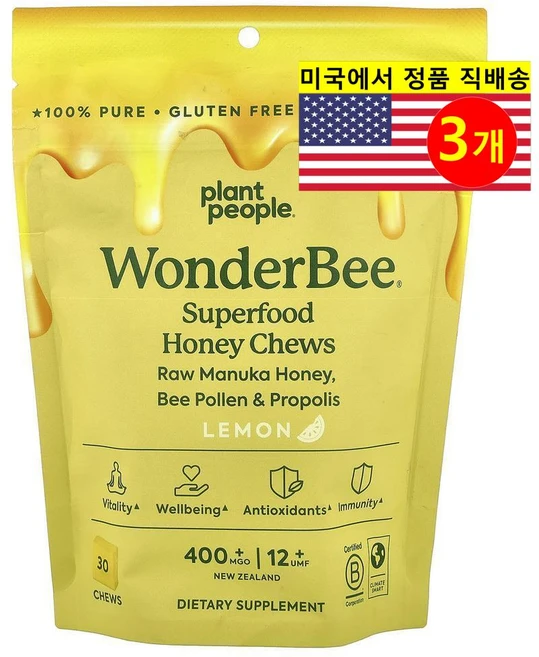 Plant People 면역 목 건강 관리 원더비 슈퍼푸드 허니츄 레몬 MGO 400+ 30개입 180g 1개, 3개 - 쿠팡