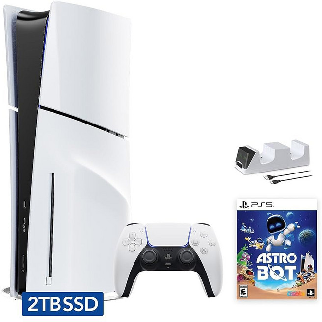 소니 플레이스테이션 5 슬림 디스크 2TB SSD 에디션 번들 (아스트로봇 및 C-게이머스 듀얼 컨트롤러 충전기 포함) - 초고속 SSD로 업그레이드된 PS5 화이트, 소니 플레이스테이션 5 슬림 디스크 2TB SSD 에디
