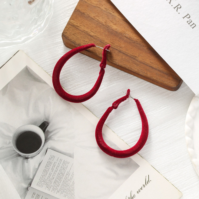 와인 레드 벨벳 물방울 대형 호프 귀걸이 여성 액세서리