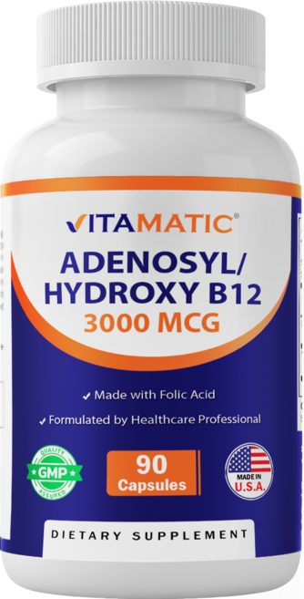 Vitamatic 아데노실코발라민 & 하이드록소코발라민 B12 + 엽산 - 90 베지 캡슐, 1개, 90회분
