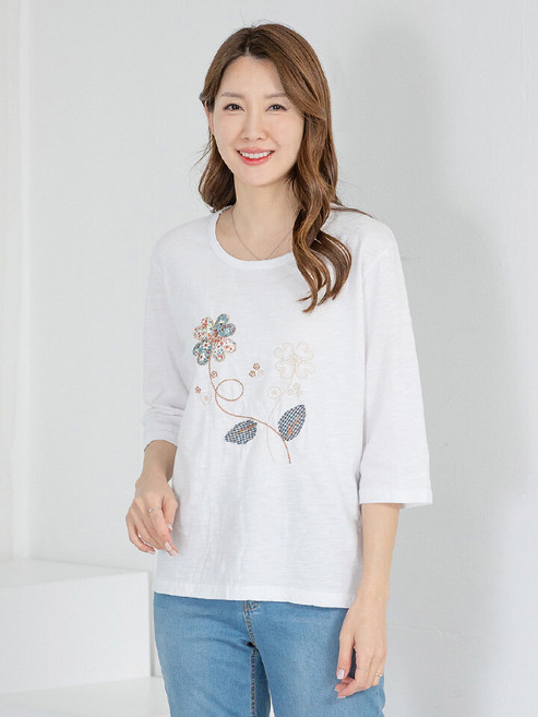 모슬린 엄마옷 티셔츠 7부 면 라운드 603FGH215 마담/중년여성/빅사이즈/50대/60대