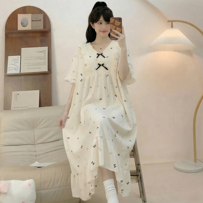 리얼 빅사이즈 리본 여성 원피스 잠옷 오버핏 홈웨어