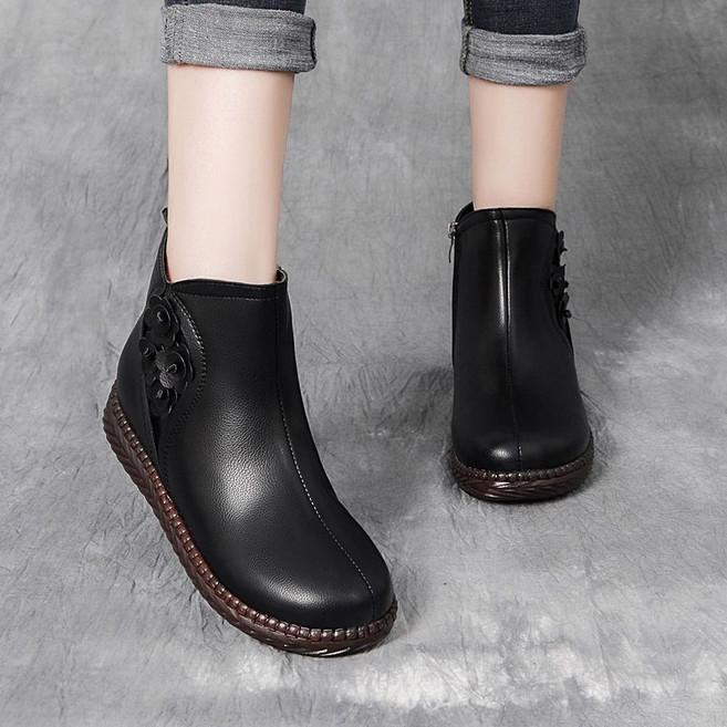 Makone 여성 패션 구두 코디네이터 데일리 앵클부츠 빈티지 측면 꽃장식