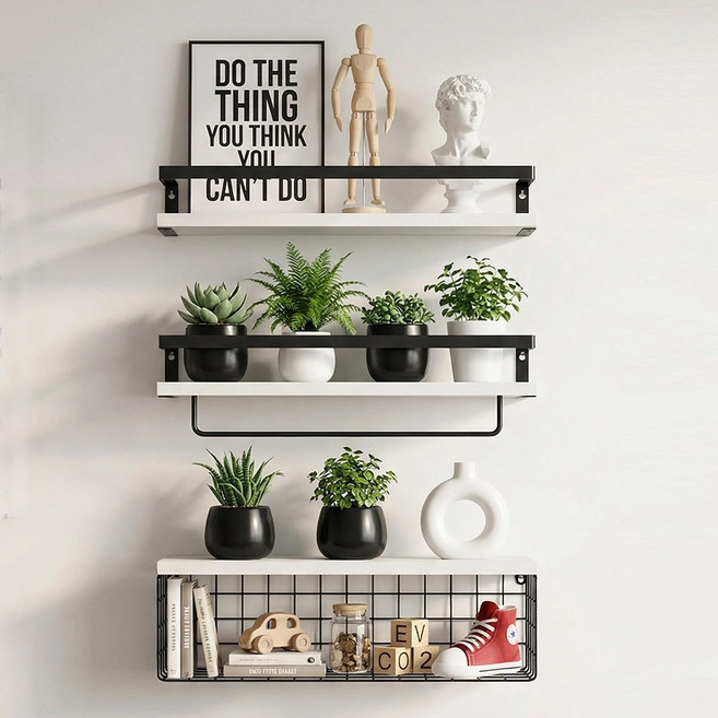 벽선반 3개 세트 북유럽 스타일 거실 주방 욕실용 원목 수납 선반, 3단, 화이트