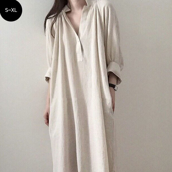 FANSYLI 여성 비치웨어 린넨 셔츠 롱 원피스 빅사이즈 면마 롱치마 바캉스 휴양지 2603JLL6089