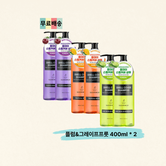 쿤달 올데이 스멜커버 청소년 샴푸 플럼앤그레이프프룻, 2개, 400ml