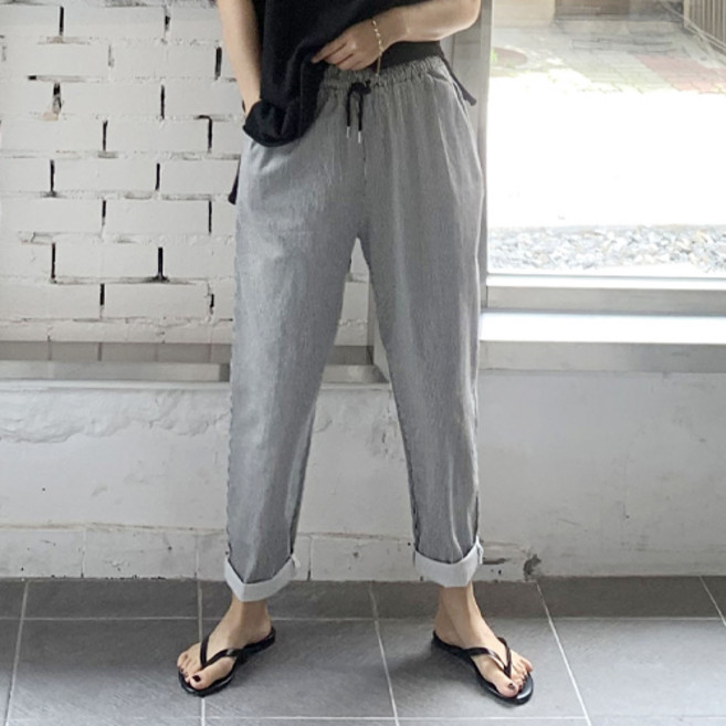 애플망고샵 여성 면바지 배기 스판 잔스트라이프 밴딩팬츠 오버핏 캐주얼 긴면바지