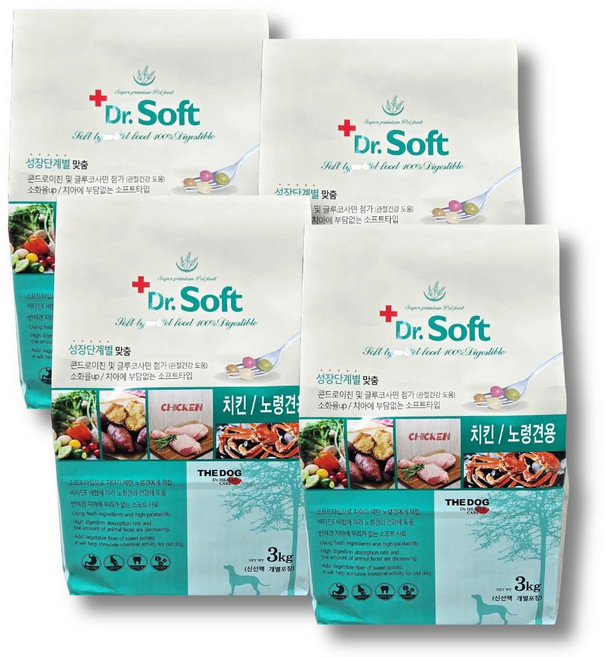더독 노령견용 강아지 닥터소프트 치킨 소프트사료, 닭, 3kg, 4개