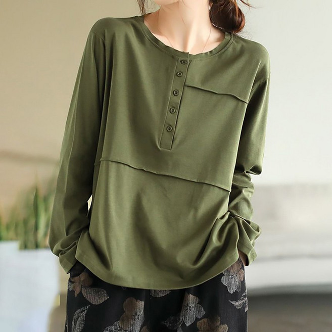 여성 여자 여름 가을 간절기 얇은 헨리넥 투포켓 미시 버튼 단추 긴팔 티셔츠 티 면티 라라인버튼넥긴팔티셔츠