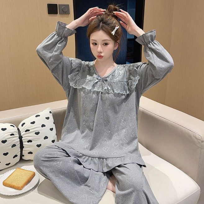 여성 겨울 덕기모 오버사이즈 레이스 브이넥 긴팔 파자마 세트 J01Z4T 리카2C 득템2