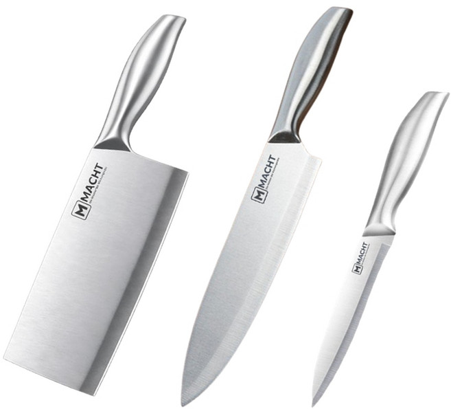 [독일 주방명가] [Macht] 마흐트 프리미엄 라인 올스텐인레스 쉐프나이프+과도+중식도 3종세트, 1세트, 실버