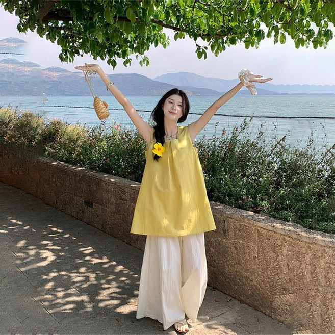 ORZQU 여름 여자 루즈핏 옐로우 민소매 나시 캐주얼 와이드 팬츠 투피스