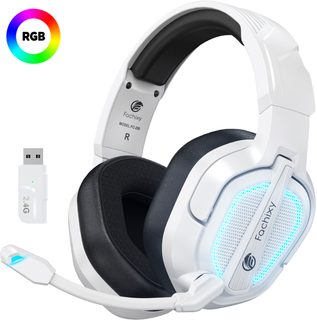 파치시 무선 게이밍 헤드셋 가상 7.1채널 2.4GHz 저지연 3D 사운드 RGB LED 노이즈 캔슬링 마이크, 화이트블랙, FC200