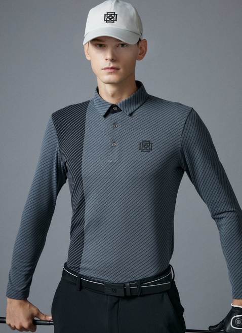 [닥스골프] 남성 그레이 사선 프린트 기모 폴로 티셔츠 DGTS2D851G2