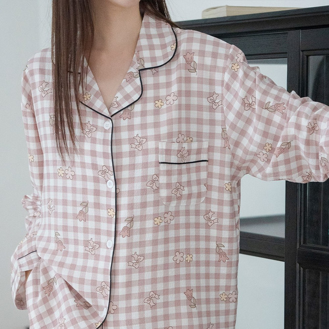 여성 부드럽고 귀여운 파자마 긴팔 잠옷 세트