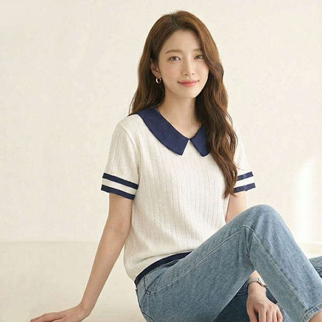 드마엘 여성 디얼 러블리 배색 카라 반팔 티셔츠 (2color)+델로나