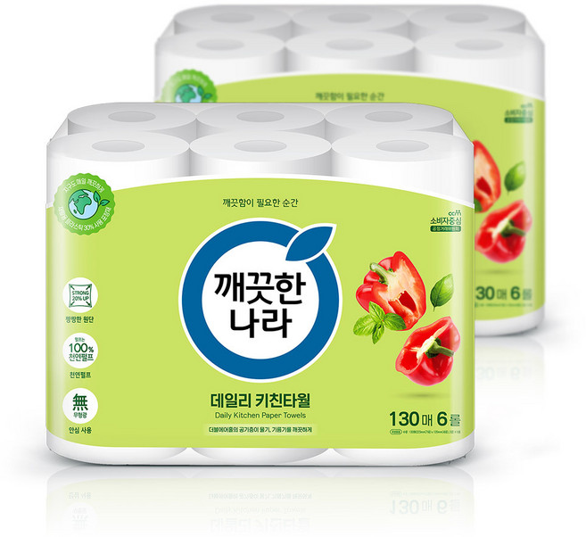 깨끗한나라 데일리 키친타올 기획 130매6롤 2팩, 1개