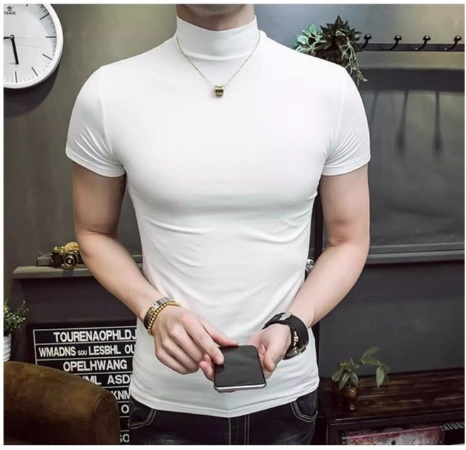 쌍천 목폴라니트 반팔 쫄티 티셔츠남자 여름시즌 타이트 남성목폴라 반소매 단색 헬스 티셔츠