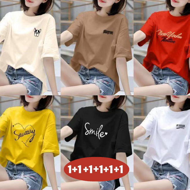 오스틱니(완전 편한) 100kg까지 1+1+1+1+1+1 여성 프린트 라운드넥 반팔 티셔츠 여름 추천 빅사이즈 캐릭터 프린팅 홈웨어 학생복 중년 큰옷 여성의류 여자 티 6종 세트