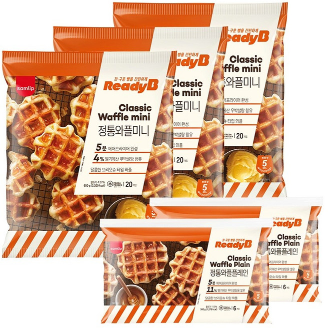 [간편식사빵] 삼립 레디비 냉동 정통와플 플레인 6입 3봉+미니 20입 2봉 (총58개), 상세 설명 참조, 1세트