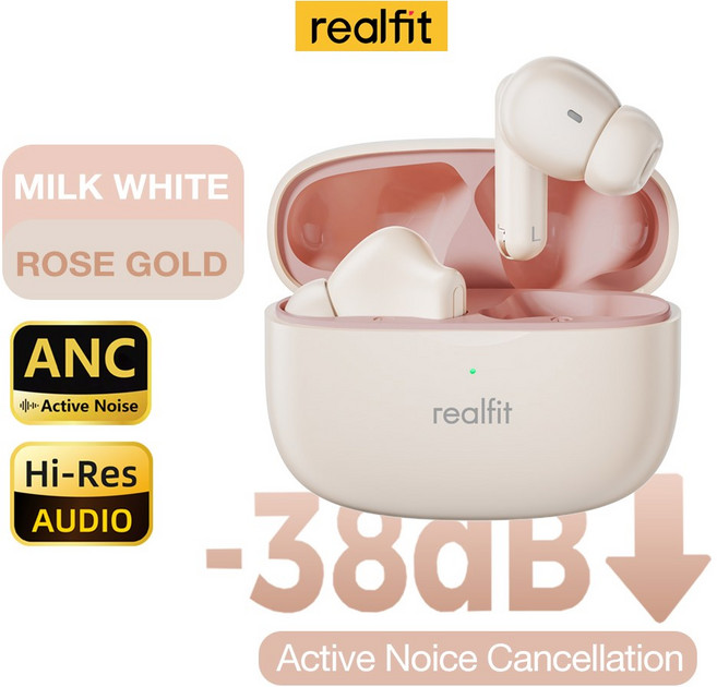 Realfit F3 ANC 액티브 노이즈 캔슬링 블루투스 이어폰 통화 하이파이 스테레오 뛰어난 베이스 무선 스, 02 Beige