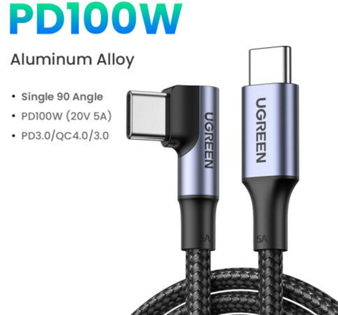 UGREEN-PD 100W USB C to 충전 케이블 S10 S20 맥북호환 프로 패드 고속 충전기 4.0 PD 코드, 02 100W Angle Grey_02 1m, [02] 1m, 1개