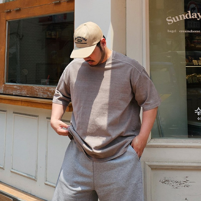 남자 빅사이즈 오버핏 피그먼트 어깨 절개 반팔 10수 면 티셔츠 ML 여름 반소매 무지 기본 라운드넥