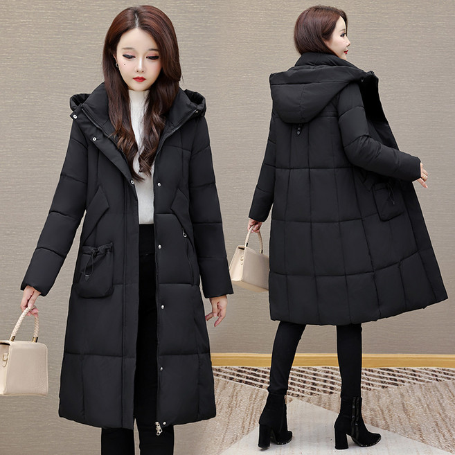 POMTOR 후드 루즈핏 솜 패딩 대형 사이즈 여성 겨울 긴 코트