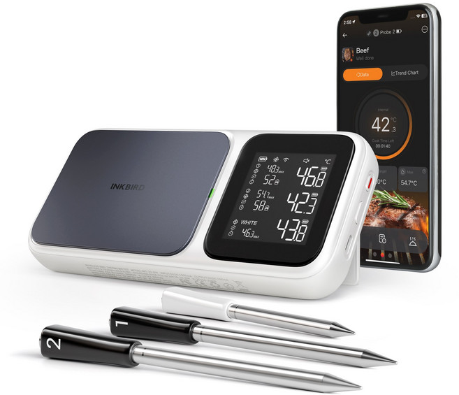 INKBIRD INT-33I-BW 주방온도계 3개의 다기능 센서 프로브를 장착하여 WiFi 5G 및 블루투스 5.4 연결 APP AI 실시간 보정 지원 고온 및 저온 경보기, 1개
