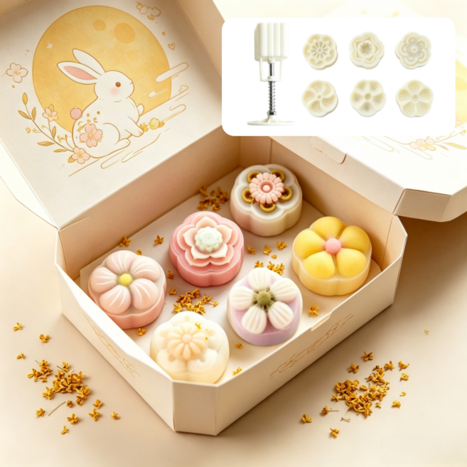 추석 설날 월병스템프 + 몰드 6종 세트 양식 디저트 쿠키틀 떡도장 50g, 1세트, 화이트