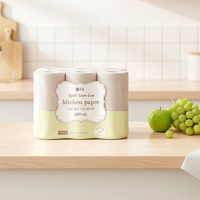휴홈 무표백 3겹 대나무 키친타올 140매, 6롤, 1개