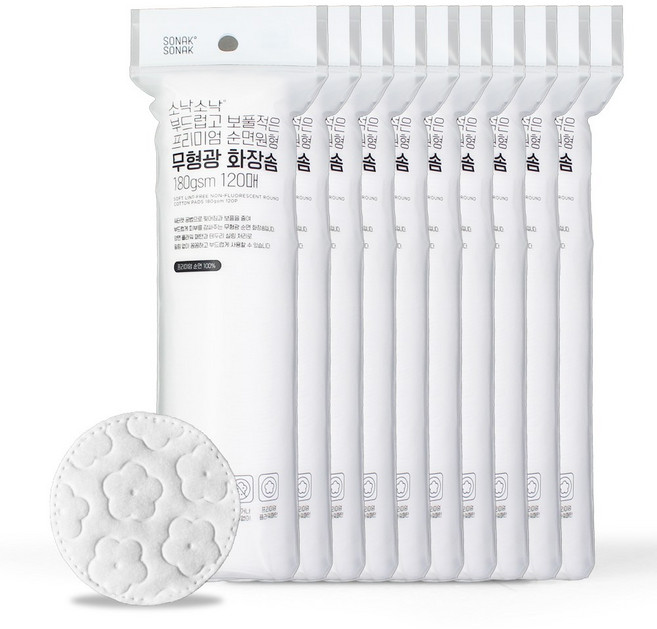 소낙소낙 부드럽고 보풀적은 프리미엄 순면원형 무형광 화장솜 180gsm, 10개, 120매입