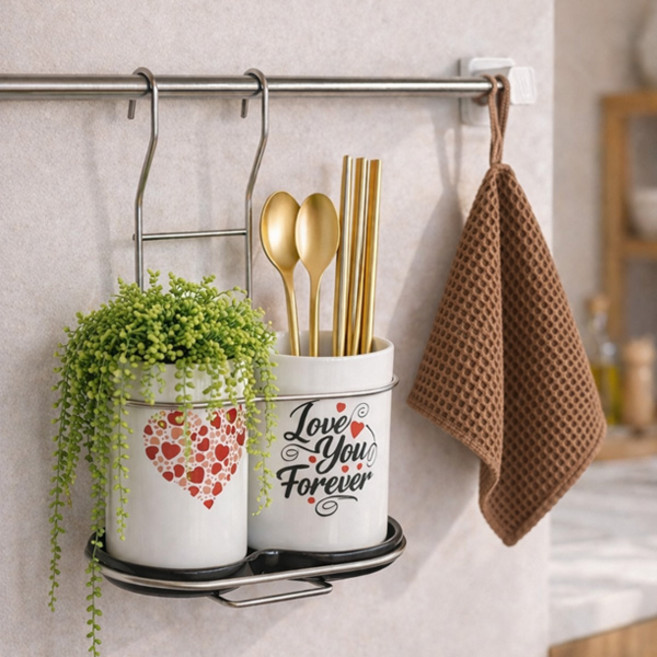 물빠짐 2구 도자기 수저통 걸이형 받침대 세트, 1개, 화이트