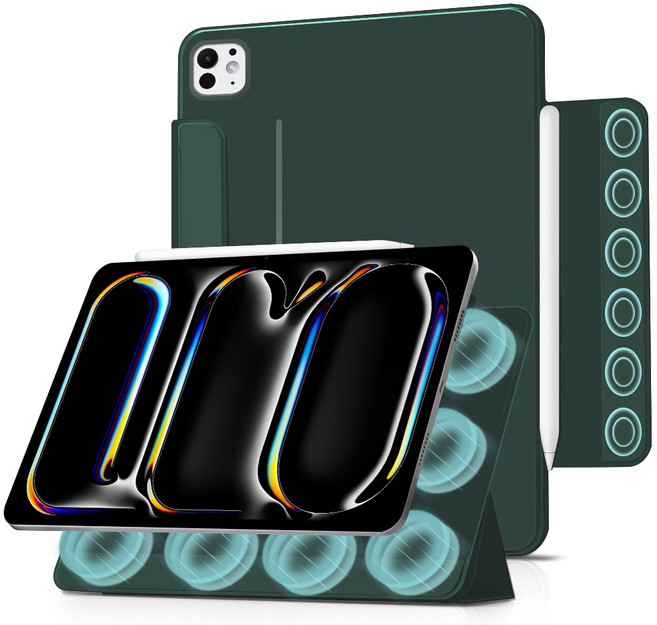더조은셀러 아이패드 호환 폴리오 3단 분리형 마그네틱 스탠드 펜수납 논프레임 케이스, 다크그린