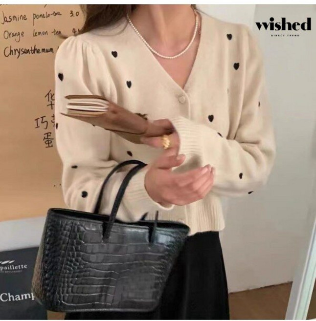 위시드 하트 자수 캐쥬얼 브이넥 러블리 니트 가디건 (WIADCD016)