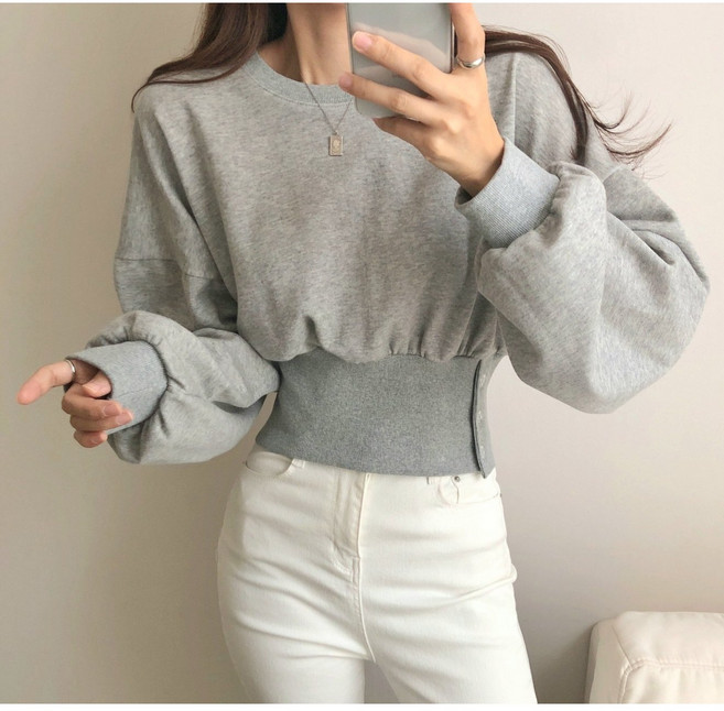 어덜트 벌룬 시보리 트임 단추포인트 크롭 맨투맨