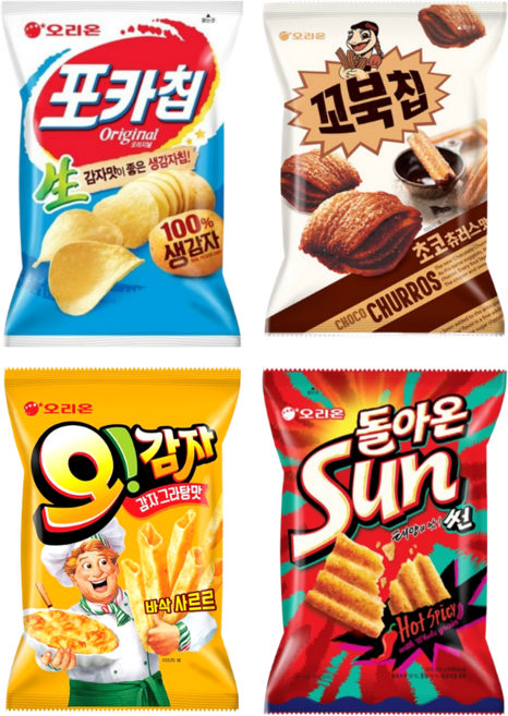 오리온 포카칩 오리지널 110g + 꼬북칩 초코츄러스 120g + 오감자 그라탕 95g + 썬칩 핫스파이시 135g 4종세트