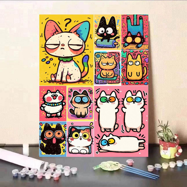 톰앤토미e DIY 명화 그리기 세트 컬러풀 강아지 고양이 캐릭터 유화 30*40, 이젤 미포함, 냥이의 생일파티, 1개
