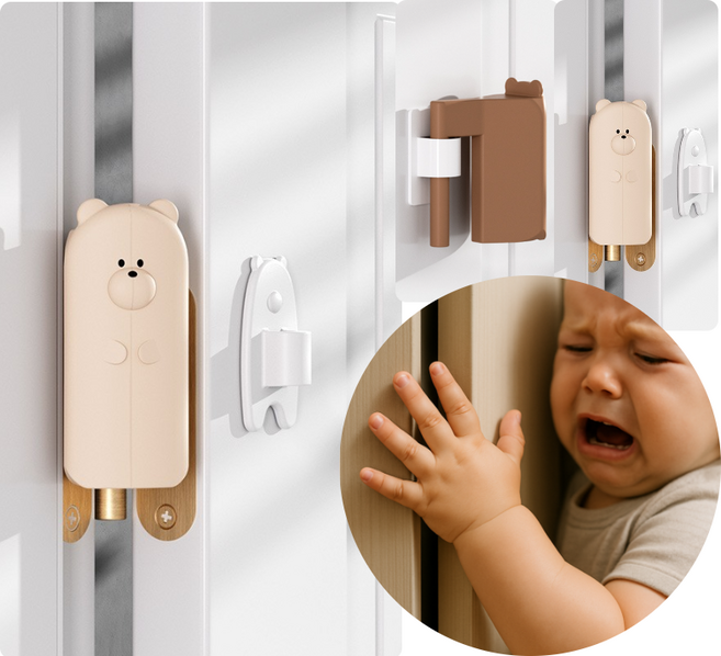 손끼임방지 곰돌이 캐릭터 실리콘 문닫힘방지 도어스토퍼 3개, 1세트, 베이지