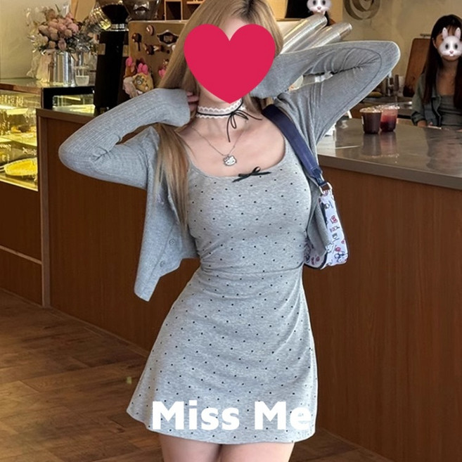 Miss Me 吊帶連身裙 薄款修身小圓點蝴蝶結針織洋裝 灰色 M碼, (e33)單件開衫L碼, Gray