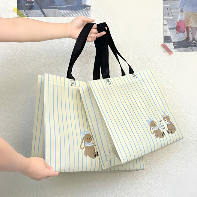 리유저블 방수 부직포 쇼핑백 큐티 KT 캣 부직포 쇼핑백, 줄무늬 곰돌이 32*28*10CM, 10개