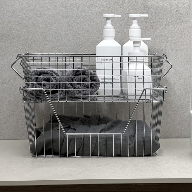 에브리윅 부드러운 마감 적층형 와이어 바스켓 손잡이 적재 펜트리 양철, 오픈형, 1개, 실버