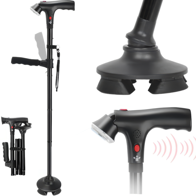 레아레아 어르신 지팡이 LED 플래시 라이트 비상 경보음 기립보조 지지대 초경량 접이식 길이조절 네발 고급형, 블랙, 1개