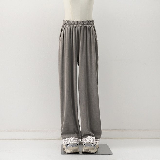 여성 봄 여름 패치 레이스 수술 데님 팬츠 하이웨스트 일자 와이드 팬츠