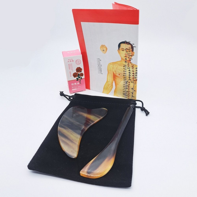 牛角刮痧板撥筋棒組 黑花牦牛角 臉部全身按摩 疏通經絡 附收納袋精油穴位圖, 1個, 刮痧板+撥筋棒 附收納袋 精油 穴位圖, 牛角