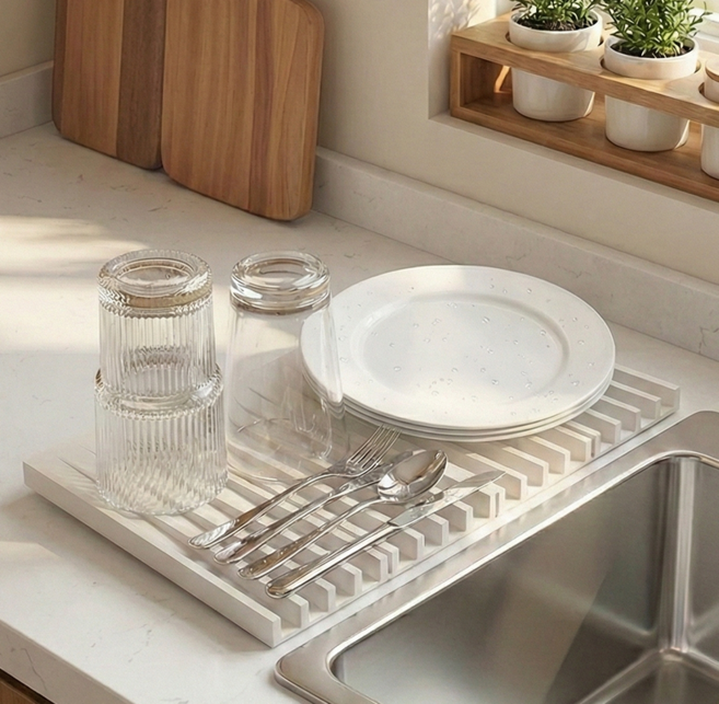 데이버스 3단 접이식 물빠짐 실리콘 식기건조매트, 1개, 화이트, 1단